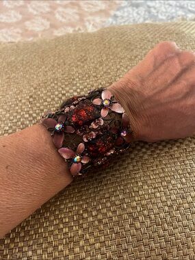 Pink and Red Floral Crystal Statement Cuff Bracelet